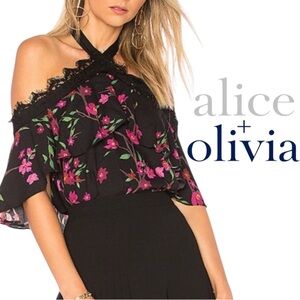 Alice + Olivia Alyssa Sakura Flower Off-the-Shoulder Halter Top black pink Med